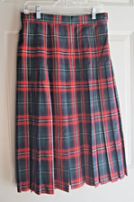 Pitlochry Tartan Red/Green Plaid Pleated Skirt, Made in Scotland, US size 10
