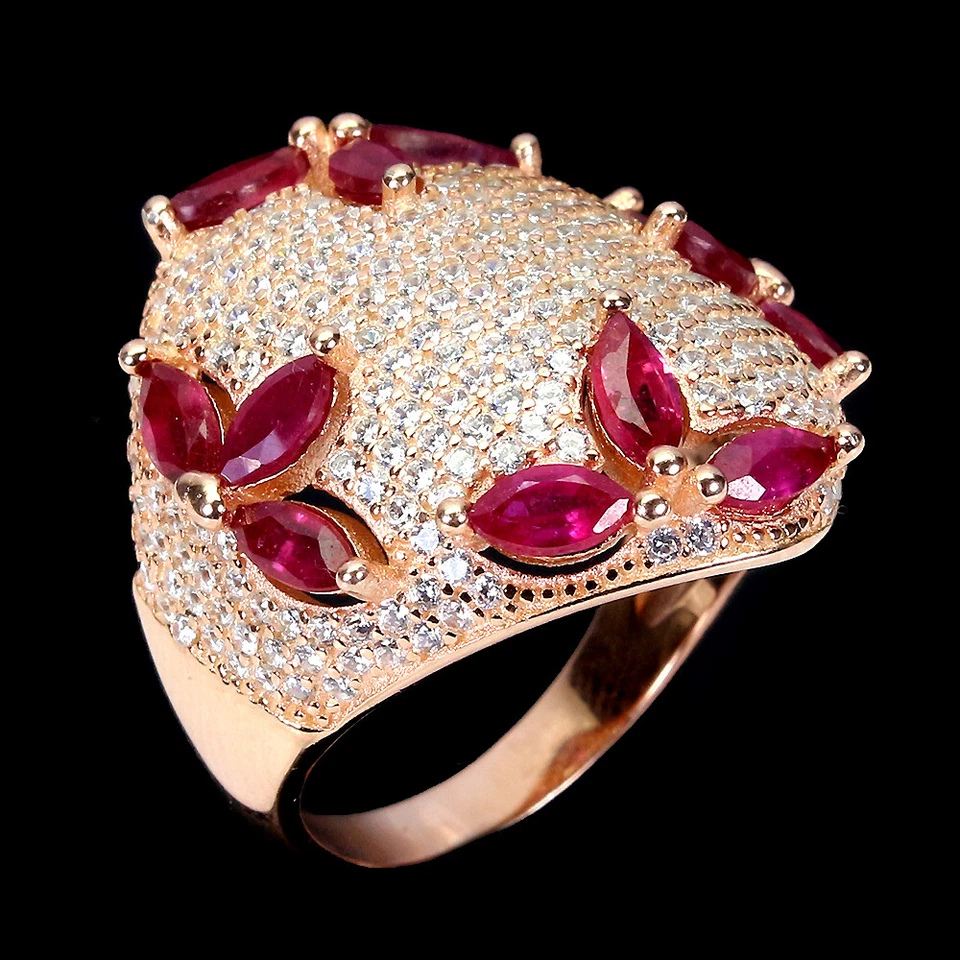 925 Anello Argento Sterling Taglio Marquise Rubino Naturale Gemma Gioielli - Immagine 3 di 4