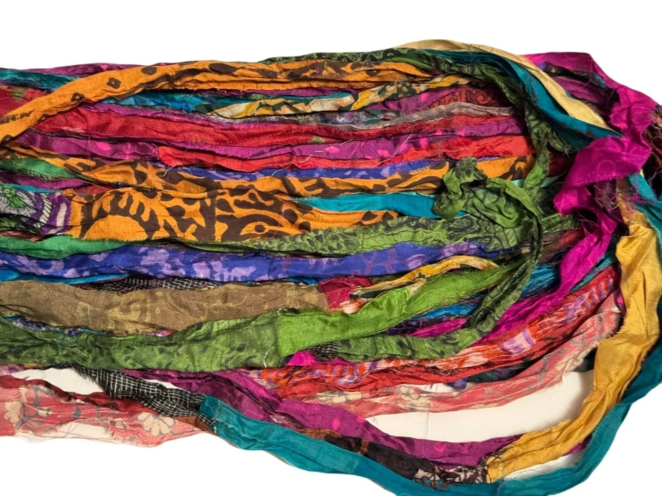 10 yards Recycled Sari Silk Ribbon Yarn Multi Print multi - Image 3 of 3