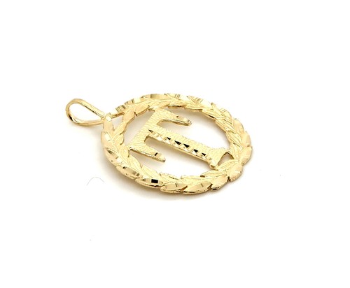 Genuine 14k Yellow Gold 0.78" Wreath Initial Block Letter 'T' Round Pendant - Picture 2 of 5