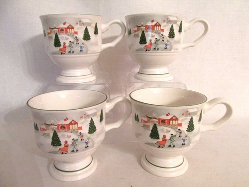 SANGO SILENT NIGHT 4 FOOTED CUPS MUGS SNOW SCENES GREEN TRIM WINTER SCENES #3900