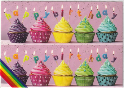 happy birthday *Postkarte/Postcard* Geburtstagskerzen, CACTUS, Cupcakes, Glitzer