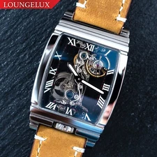 Mens Silver Manual Mechanical Watch Yellow Brown Suede Leather Strap Gift