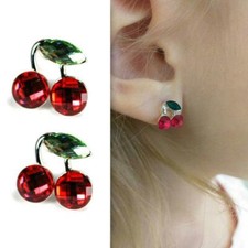 TINY CHERRY POST EARRINGS 1cm Girls Women Sparkling Red Rhinestone Cherries Stud