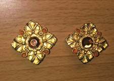 ROBERT ROSE Earrings Vintage Square gold garnet Designer Clip-On Western Luxury