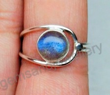Natural Blue Labradorite Round Ring 925 Sterling Silver Handmade Gemstone Ring