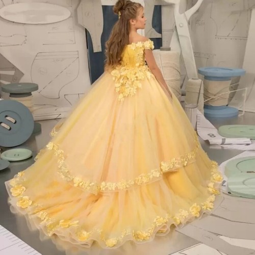 Yellow Flower Girl Dresses Lace Tulle Beading Appliqued Pageant For Girls - Picture 2 of 8