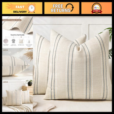 20x20 Farmhouse Linen Blend Throw Pillow Covers, Set of 2, Boho Stripe Cushion C