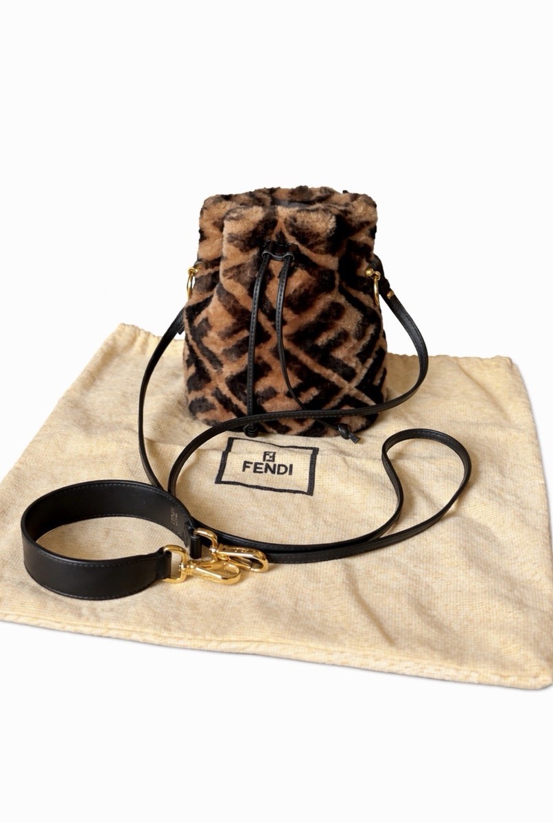 Fendi Mon Tresor Mini Fur Bucket Bag FF Logo Brown Black FF Auth