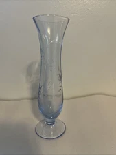 Blue glass Bud vase footed with etched details. 6 In Tall & 1.75 In Wide