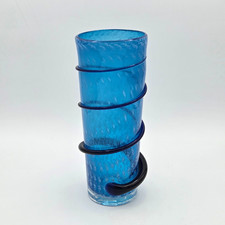 Blue Hand Blown Art Glass Tapered Vase with Controlled Bubbles  Dark Blue Swirl