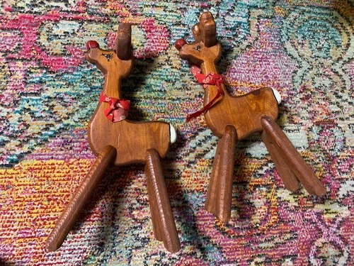 Vintage Handmade Wooden Reindeer W/ Red Bows Christmas Easy Store 13"