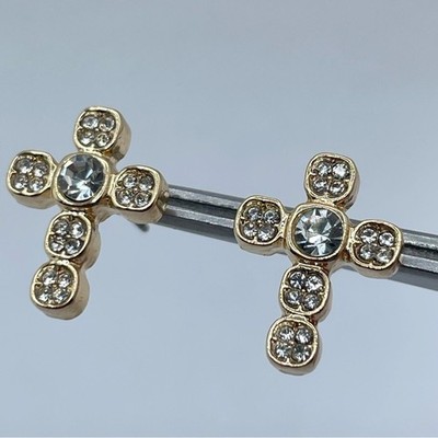 Gold Diamond White Crystal Cross Stud Earrings Rhinestone Religious Minimal Chic