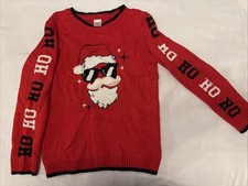 Santa Christmas Sweater Youth Sz Large 10-12 Red Cool Sunglasses Santa, Ho Ho