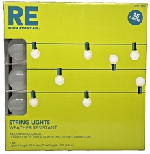21 FT Indoor Outdoor Globe String Lights 25ct White Bulbs Room Essentials New