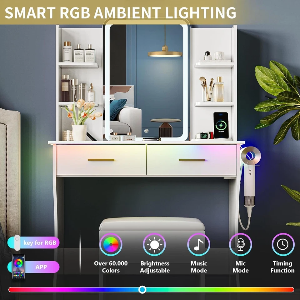 Mesa tocador de maquillaje con espejo LED y toma de corriente - Juego de escritorio blanco con silla, Foto 4 de 4