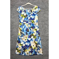 Jaclyn Smith Blue Floral Cap Sleeve Empire Waist Sheath Dress Small