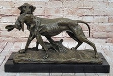 Genuine Bronze Sitting Retriever Hunting Dog w? Rabbit Home Office Decor Figure