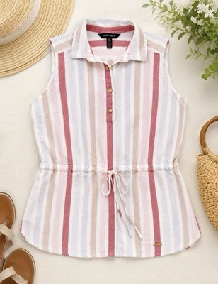 ELLEN TRACY 100% Linen Sleeveless Tie Waist Blouse Muted Striped Med Coastal