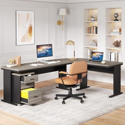 83-Inch Executive Desk with File Cabinet, L-Shaped Large Office Computer Desk