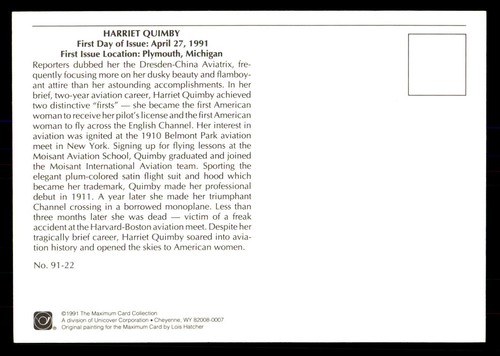 Mayfairstamps US FDC 1991 Harriet Quimby and Aircraft Maximum First Day Card aat - Picture 2 of 2