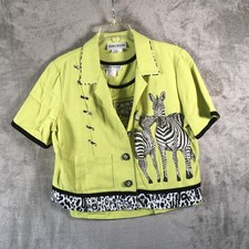Vtg Nancy Bolen Women's 2pc Tank & Blouse Lime Green Zebra Print Bejeweled