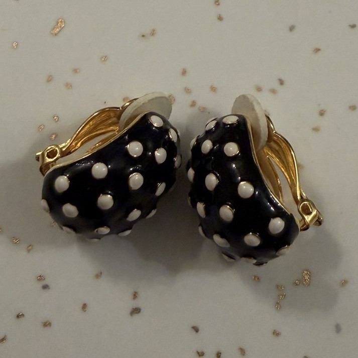 Vintage Joan Rivers Black Enamel White Polka Dot Domed Egg Clip-On Earrings