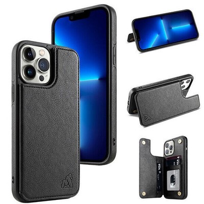 Premium Leder Kartenfach Brieftasche Ständer Hülle für iPhone 13 Pro Max, 12, S22