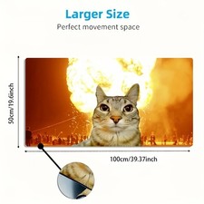 A Large Mouse Pad Featuring a Gray Cat Illustration with a Big Explosion Backg
