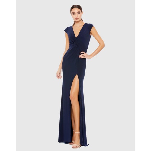 Robe Mac Duggal taille 0 bleu nuit col V froncé en jersey manches bonnet fente haute - Photo 2 sur 7