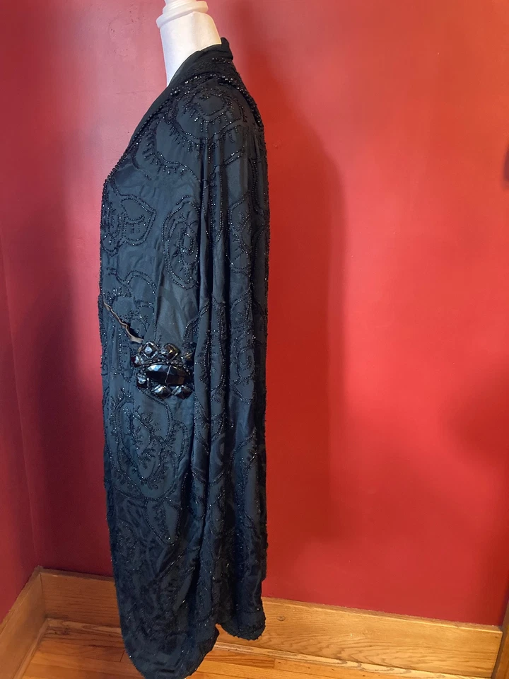 Edwardian Flapper Antique Black Hand Beaded Opera Cape Art Nouveau Evening Wrap - Image 4 of 4