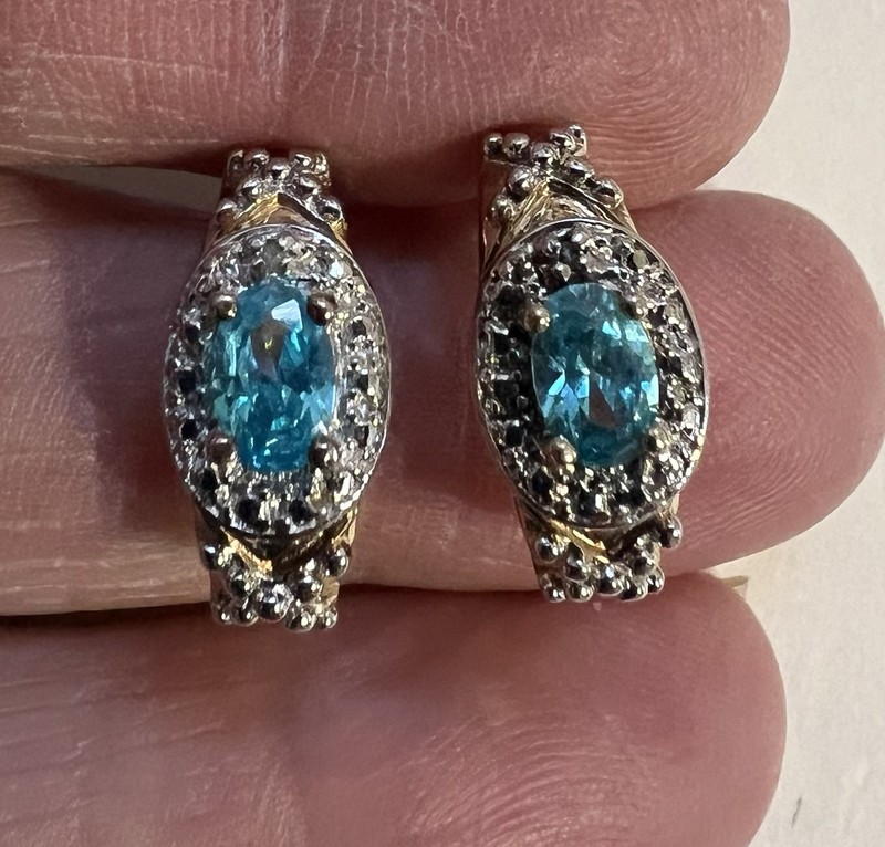 10k Y. Gold Vermeil 925 Sterling Silver Blue CZ & White CZ Halo J Hoop Earrings