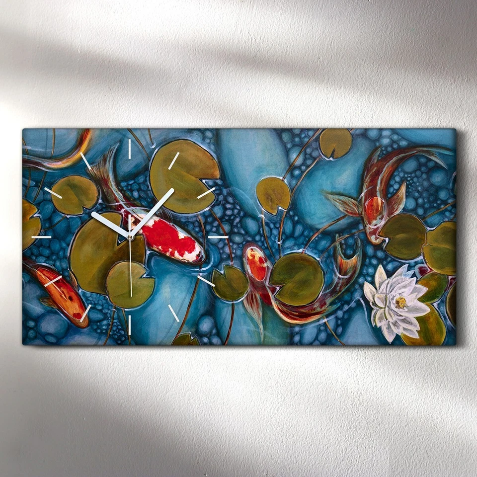 Leinwand Wanduhr Wandkunst Uhr 60x30 Malerei Fische Koi Blumen Natur Kunst - Bild 2 von 4
