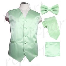 New Men's solid Tuxedo Vest Waistcoat  necktie  Bow tie  Hankie laurel green