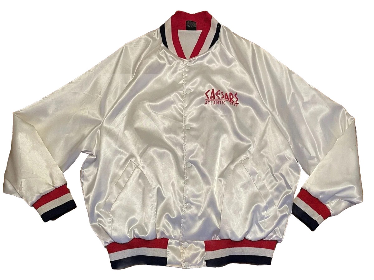 Vtg CAESARS PALACE Atlantic City White Satin Bomber Jacket XXL USA