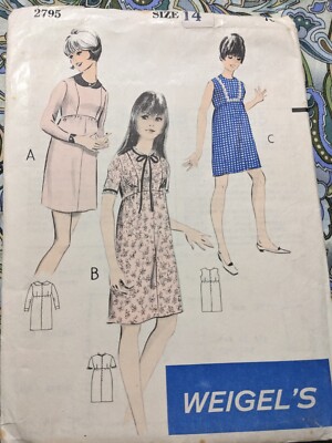 Rare Weigel's 1960s Sewing Pattern 2795 Womens Empress Dress 3 Sleeve Styles S14