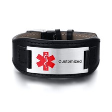 Personalized Engraving Medical Alert Leather Bracelet Stainless Steel Adjustable