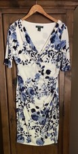 LAUREN RALPH LAUREN Women’s 10 Blue White Floral Ruched Faux Wrap Sheath Dress