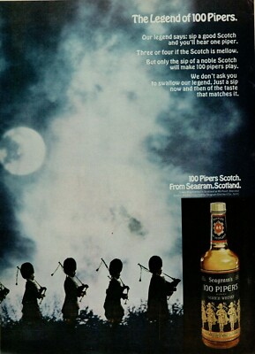 1970 Seagram's 100 Pipers Scotch Bagpipes Moonlight Fog Photo Vintage Print Ad