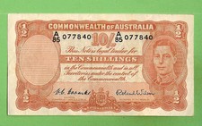 AUSTRALIAN 1952 TYPE  COOMBS / WILSON  TEN SHILLING  BANKNOTE  #A85 077840