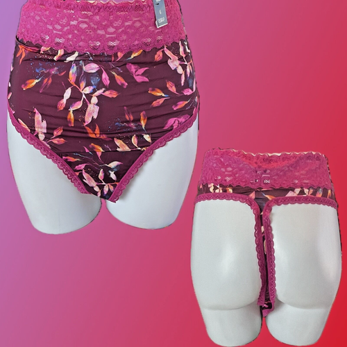 Torrid +6 Purple Water Leaf Print Lace Wastband Scallop Lace Trim Thong Panties
