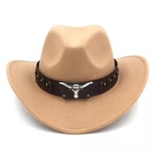 Beige Western Cowboy Cowgirl Hat for Men Women   Black Bull Strap Retro Felt
