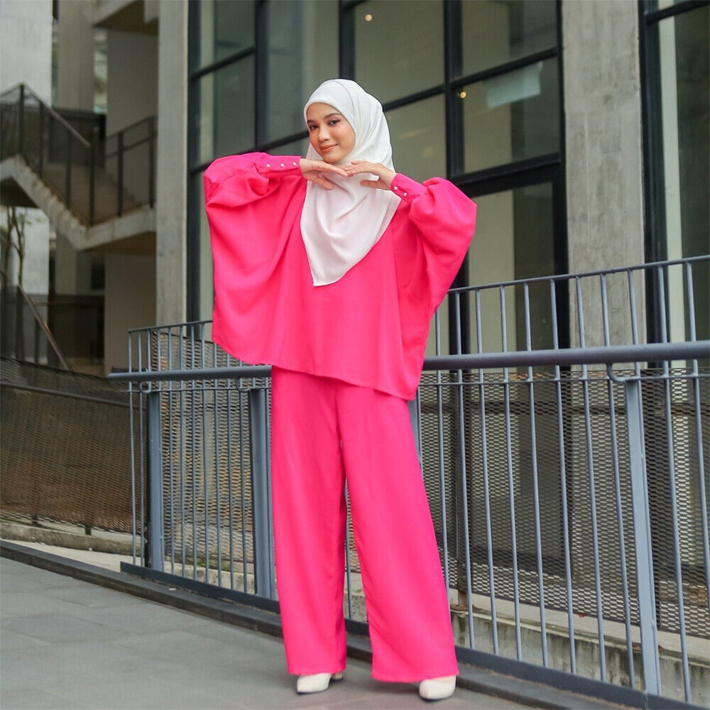 2pcs Muslim Women Abaya Casual Tops Blouse Wide Leg Pants Set Dubai Islam  Outfit