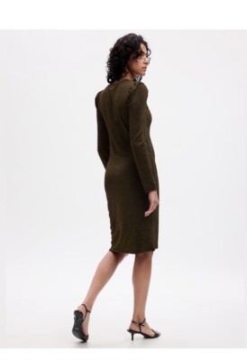 New Gap Women Black Gold Midi Dress Metallic Puff Sleeve Ribbed Bodycon Sz M