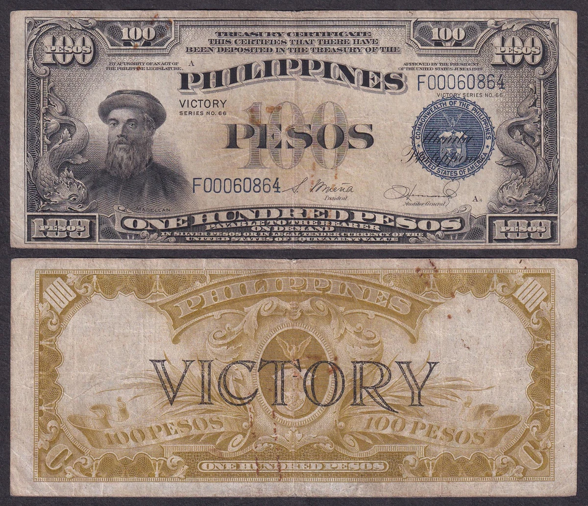 ND 1944 100 Peso VICTORY US Philippines MAGELLAN Osmena Hernandez Banknote