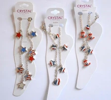 American Patriotic 8" Anklet /  Red ~ White & Blue Stars / Silver-tone / USA