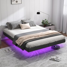 Floating Bed Frame Queen Size with LED Lights Metal Platform Bed Grey Fabric