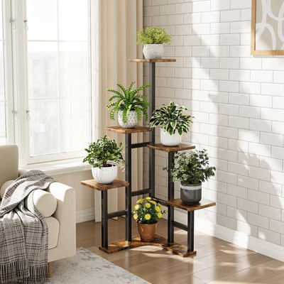 ITOPFOX Corner Plant Stand Indoor 6 Tier Plant Shelf Rustic Brown Wood Display Rack for Multiple Plants Living Room Balcony Patio Garden Metal
