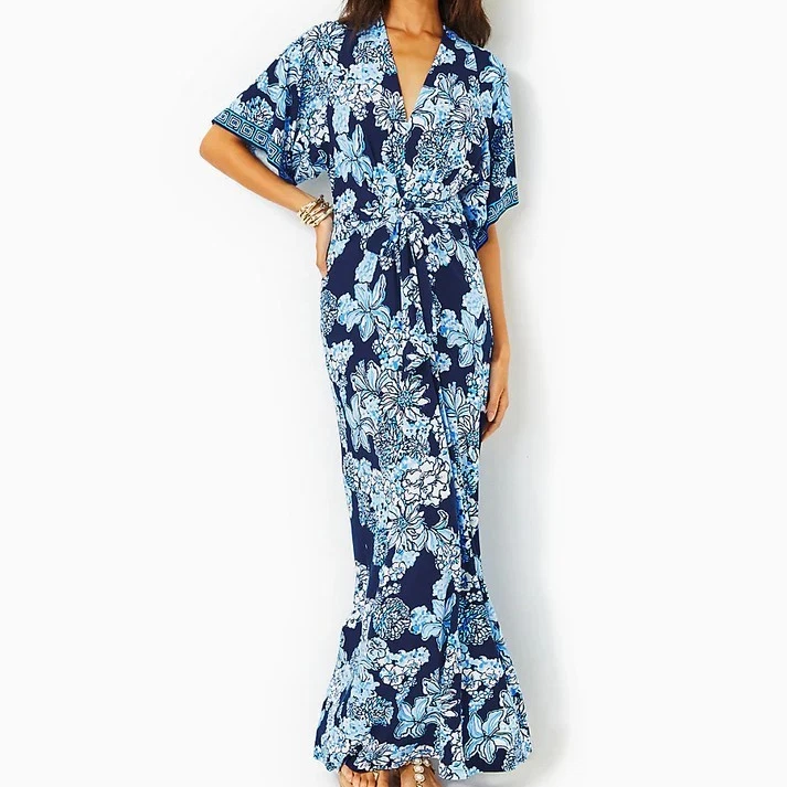 Maxi Vestido Lilly Pulitzer Glicina Manga Codo Marea Baja Azul Marino - Talla 6