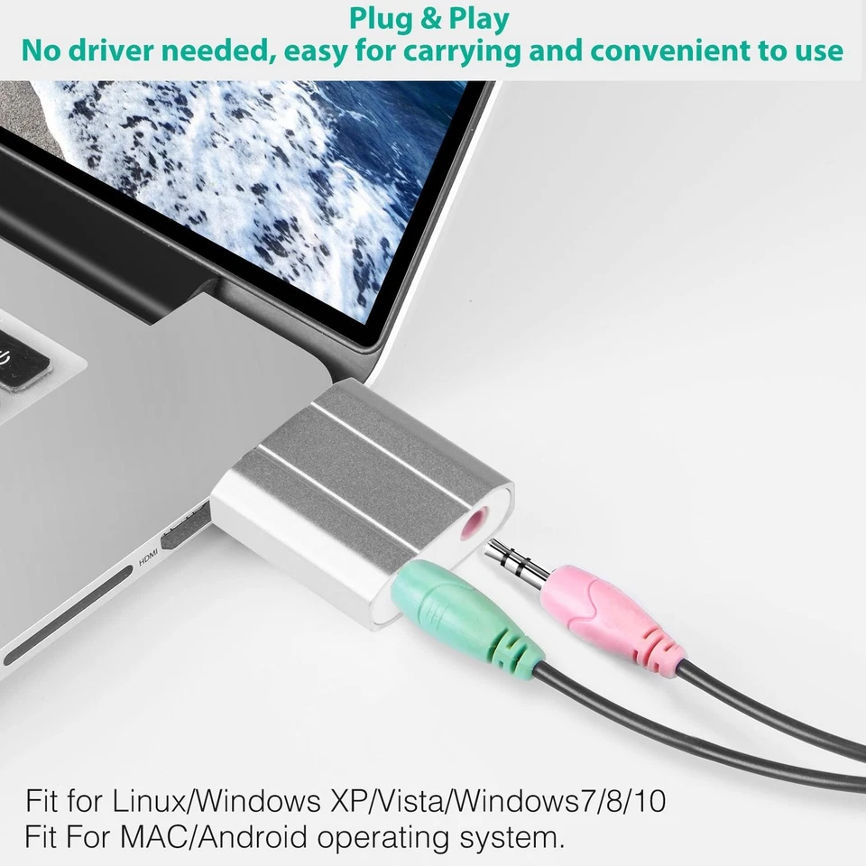 USB Audio Adapter External Stereo Sound Card w/ 3.5mm Headphone Microphone Jack - Image 2 of 4